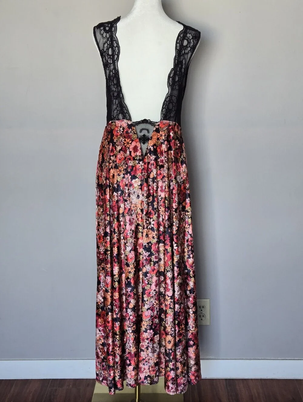 Free People Hideaway Maxi Dress Vest Top XS Lace Velvet Floral Gothic